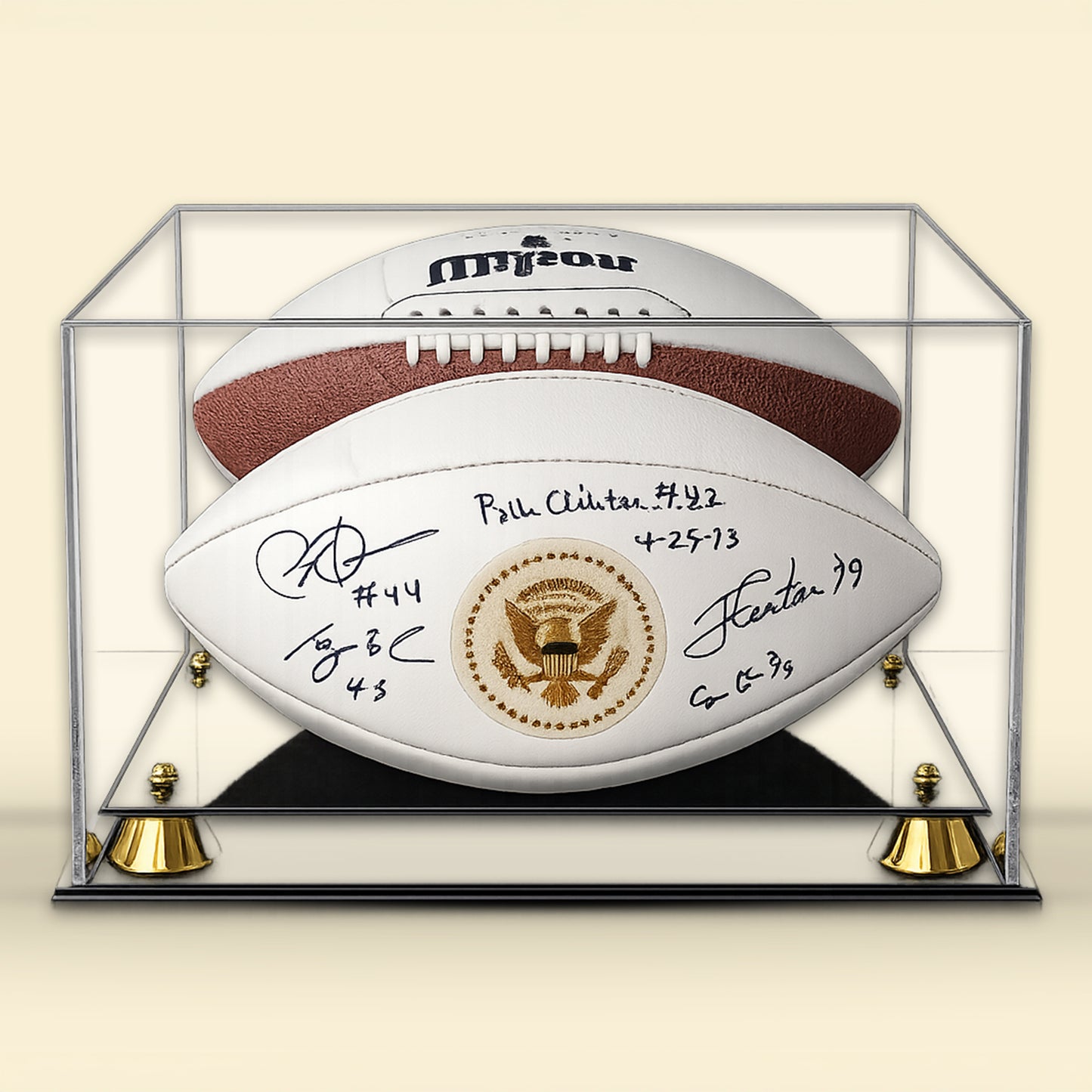 Framed Presidents signatures and Presidential football in display case