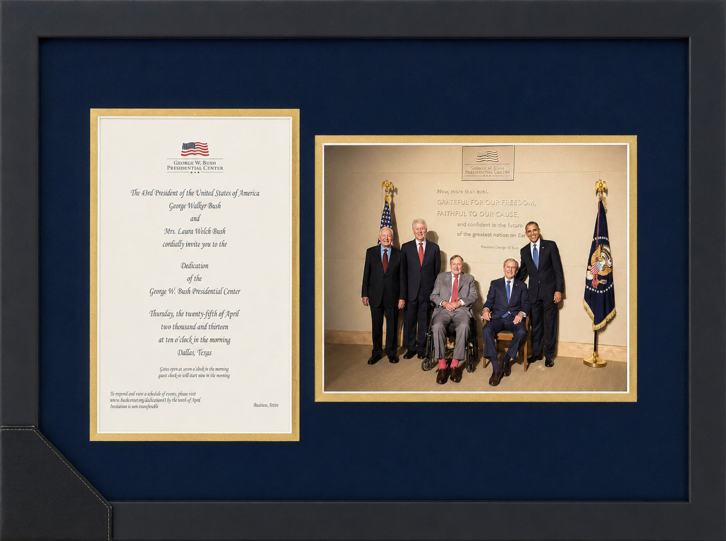 Framed Presidents signatures and Presidential football in display case